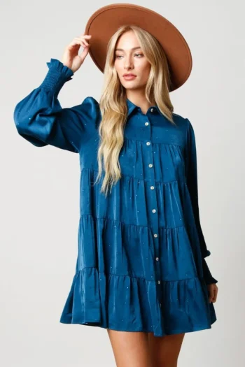 Hot Peach Love California Teal Rhinestone Button Down Shirt Dress