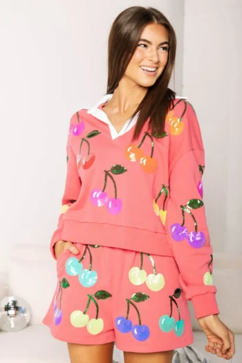 Clearance Queen Of Sparkles Bright Pink Rainbow Cherry Polo Sweatshirt