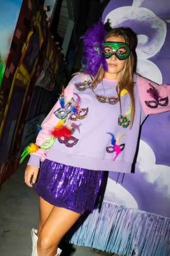 Clearance Queen Of Sparkles Mardi Gras Feather Mask Sweatshirt