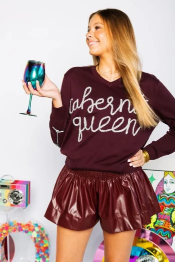 Discount Queen Of Sparkles Maroon Leather Swing Shorts