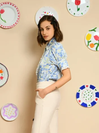 Hot Sister Jane Sky Floral Ruffle Blouse - Cornflower Blue