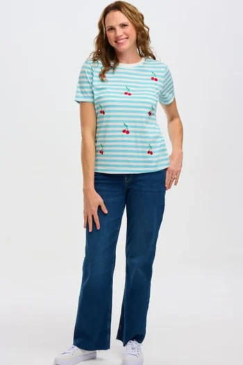 New Sugarhill Brighton Maggie T-Shirt - Blue/White, Cherry Embroidery